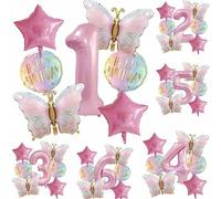 Shein Set de 7 globos de mariposa rosa de cumpleaños feliz, incluye números rosas de 32 pulgadas del 1 al 6, globos en forma de estrella rosa y globos redon