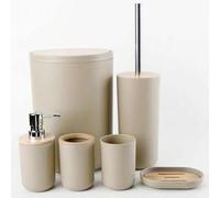 Shein Set de 8 piezas de accesorios de baño de lujo de plástico y bambú, incluyendo dispensador de jabón, jabonera, soporte para cepillo de baño, soporte pa