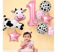Shein Set de 9 globos de aluminio con diseño de vaca y globo con número rosa para decoración de fiesta de cumpleaños con tema de granja, baby shower, fiesta