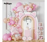 Shein Set de 91 piezas Globos con temática de gato Meow, guirnalda de flores, arco, globo de lámina de pata de gato rosa, perfecto para la fiesta de cumplea