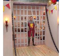 Shein Set de decoración de fiesta de castillo medieval 2D, telón de fondo de valla de prisión de rejilla gris grande, pancarta colgante vertical de león ala
