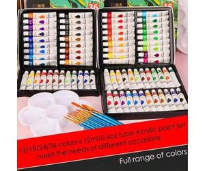 Shein Set de pintura acrílica de 12/18/24/36 colores x 12ml/0.4oz en tubos, para DIY en ropa, zapatos, bolsas de lona, vaqueros, pintura en lienzo, tela, ro