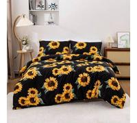 Shein Set de ropa de cama de 3 piezas con diseño de girasol, tamaño completo, con fondo de unicolor y estampado de girasol, cómodo conjunto de edredón de gi