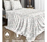 Shein Set de sábanas de 4 piezas con estampado geométrico de corazón en blanco y gris, de microfibra suave y de fácil cuidado (1 sábana plana, 1 sábana ajus