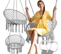 Shein Silla colgante de macramé estilo bohemio - Hamaca de cuerda negra, blanca y gris con flecos, columpio de nido de cigüeña portátil para patio, balcón y