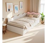 Shein Sofá cama en forma de L de 90 x 200 cm, tapizado, cama individual con almacenaje hidráulico, sofá cama, estructura de cama juvenil, terciopelo, blanco