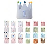 Shein Sombreros decorativos hechos a mano para fiesta de 1er cumpleaños, lindas coronas de cumpleaños con pompones en rosa, azul, blanco, verde, macaron, na