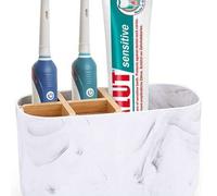 Shein Soporte de bambú para 5 cepillos de dientes, organizador de encimera de baño para cepillo de dientes eléctrico y pasta de dientes, estante de almacena