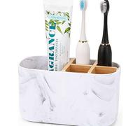 Shein Soporte de bambú para 5 cepillos de dientes, organizador de encimera de baño para cepillo de dientes eléctrico y pasta de dientes, estante de almacena