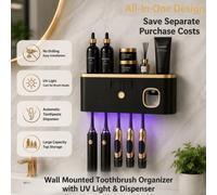 Shein Soporte de cepillo de dientes montado en la pared con luz ultravioleta UV, dispensador automático de pasta de dientes y estante de almacenamiento de g