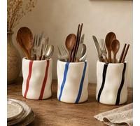 Shein Soporte de utensilios Wabi Sabi con rayas asimétricas, frasco de almacenamiento de cubertería con rayas rojas, azules y negras, organizador de gran ca
