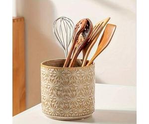Shein Soporte vintage de cerámica para utensilios de cocina - Caja de almacenamiento con relieve de cuchara, tenedor y palillos, decorada con elegantes patr