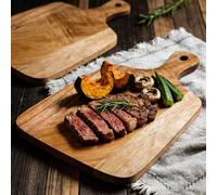 Shein Tabla de cortar de madera de acacia con asa, bandeja multifuncional fácil de limpiar para servir alimentos como filete, pan, frutas, queso y verduras,