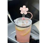 Shein Tapa portátil para pajita con colgante A-Z y delicada decoración de flor de cerezo, accesorio para taza con pajita, cubierta de silicona reutilizable