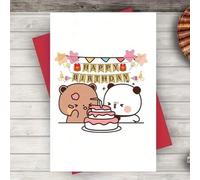 Shein Tarjeta de cumpleaños adorable con sobre - Oso DuDu y panda BuBu celebrando 2025, perfecta para familia, amigos, colegas - Diseño festivo con globos,