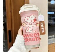 Shein Taza de café aislada de acero inoxidable con diseño de Snoopy de Peanuts en color rosa, con asa de transporte, tapa a prueba de derrames, diseño de do