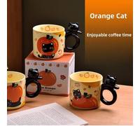 Shein Taza de cerámica negra o naranja con diseño de gato, taza de café con asa 3D, taza de leche, taza de agua, taza de jugo, taza de arte de latte, taza d