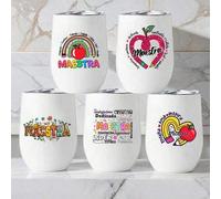 Shein Taza de viaje aislada con forma de huevo de acero de 12 onzas con impresión "Maestra", taza de viaje portátil de material de acero inoxidable 304, man
