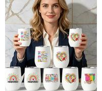 Shein Taza de viaje aislada con forma de huevo de acero de 12 onzas con impresión "Maestra", taza de viaje portátil, material de acero inoxidable 304, taza