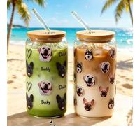 Shein Taza de vidrio personalizada con foto de mascota, taza de café helado personalizada con tapa y pajita, taza de frasco de vidrio personalizada, decorac