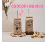 Shein Tazas personalizadas con flores de nacimiento, vaso de vidrio para café helado de 16/20 oz con tapa y pajita, vaso de vidrio personalizado, taza de ca