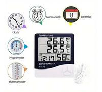 Shein Termómetro de interior y exterior con reloj despertador, pantalla de temperatura dual creativa para el hogar con sensor, termómetro digital e higrómet