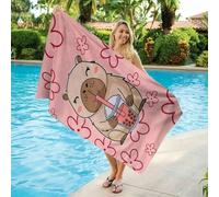 Shein Toalla de playa de fibra ultrafina de secado rápido con estampado de té con leche de capibara, toalla de baño absorbente y de secado rápido, sin pelus