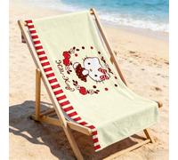 Shein Toalla de playa ultra suave de Hello Kitty de Sanrio con estampado de manzana y rayas rojas, moño a cuadros y corona de manzanas, perfecta para la pis