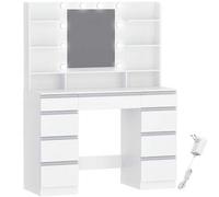 Shein Tocador con 10 Globos de Luz LED, 3 Colores, Brillo Ajustable, Espejo HD Grande, 1 Cajón Grande y 8 Cajones Pequeños, 9 Áreas de Almacenaje Abiertas,