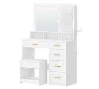 Shein Tocador con 10 Globos de Luz LED, 3 Colores, Tocador con Enchufe y Espejo Grande, Taburete y Soporte para Secador de Pelo, Tocador con Múltiples Cajon