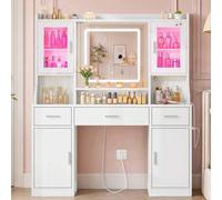 Shein Tocador con espejo de luz HD de 3 colores y estación de carga, 3 cajones y 4 armarios, ideal para el dormitorio, blanco.
