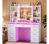 Shein Tocador con espejo iluminado, tira de luces LED RGB y estación de carga, 9 cajones, superficie de vidrio, blanco