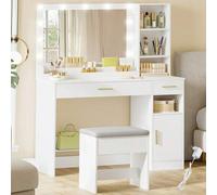 Shein Tocador con taburete, luz LED y espejo grande, brillo regulable, tocador con 2 cajones, 4 compartimentos abiertos y mueble, para dormitorio y vestidor