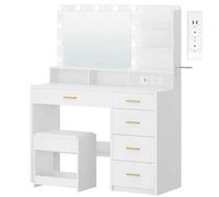 Shein Tocador de Maquillaje con 10 Globos de Luz LED, 3 Colores, Tocador con Enchufe y Espejo Grande, Taburete y Soporte para Secador de Pelo, Tocadores con