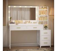 Shein Tocador de Maquillaje con Luz LED, 3 Colores, Brillo Ajustable, Tocador con Grote Espejo, Mesa de Maquillaje con 5 cajones y 5 Compartimentos Abiertos