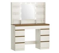 Shein Tocador grande con iluminación LED, 10 bolas de luz LED, 3 colores, brillo regulable, tocador con espejo, 9 cajones, 9 estantes abiertos, estilo moder