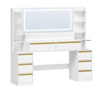 Shein Tocador Grande, Tocador de Maquillaje con Luz LED, Grande Espejo, Mesa de Maquillaje con Prácticas Tomas de Corriente, 8 Cajones, Estantes Abiertos Me