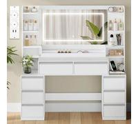 Shein Tocador Grande, Tocador de Maquillaje con Luz LED, Grande Espejo, Mesa de Maquillaje con Prácticas Tomas de Corriente, 8 Cajones, Estantes Abiertos Me