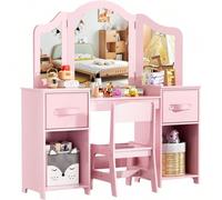 Shein Tocador infantil de madera 2 en 1, tocador infantil con espejo extraíble 108x30x114 cm, tocador para niñas, escritorio con taburete, tocador princesa