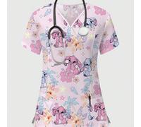 Shein Top de uniforme de enfermera con estampado de conejo lindo y planta de hibisco floral, cuello en V de manga corta, ropa de trabajo de atención médica