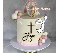 Shein Topper de pastel personalizado con nombre y cruz, topper de pastel de bautizo de acrílico dorado espejo personalizado, decoración de pastel de bautizo