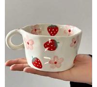Shein Una pequeña taza de cerámica con dibujo a mano de flor de fresa, un lindo y único mug floral hecho a mano, ideal para restaurantes, salas de estar, ca