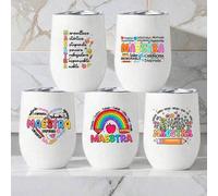 Shein Vaso aislado de acero de 12 onzas con impresión "Maestra", taza de viaje portátil de acero inoxidable 304, mantiene las bebidas frías, vaso aislado al