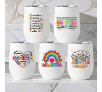 Shein Vaso térmico aislado de acero de 12 onzas con impresión "Maestra", taza de viaje portátil de acero inoxidable 304, mantiene las bebidas frías, botella
