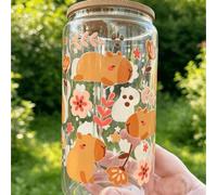 Shein Vaso transparente de 16oz con pajita / Botella de agua con patrón de carpincho y flores, botella de viaje a prueba de fugas, perfecta para mantenerse