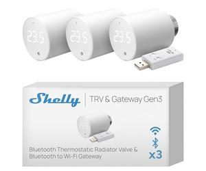 Shelly BLU TRV Gen3 & BLU Gateway Gen3 - Cabezal Termostático Inteligente para Válvula de radiador, Regulador de Temperature Bluetooth con Pasarela BLE- Wi-Fi, Control Remoto por App (3 Piezas)