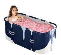 ShkitAelling Bañera plegable para adultos, 140 x 60 x 50 cm, baño de spa móvil con aislamiento de 6 capas, bandeja de ducha plegable para spa en casa, jardín y apartamento pequeño, azul y blanco