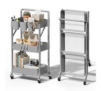 Shrivee Plegable Carrito Auxiliar con Ruedas 3 Niveles ExtraíBle Estrecho Carro de Almacenamiento para Cocina Baño Jardin (Gris)
