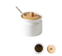 Shuqio Tarros de cerámica para especias con tapa, lata de azúcar blanca, lata de café hermética con una pequeña cuchara de cerámica para café, azúcar, té, especias, etc. (180 ml, 6,8 x 8 cm)