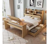 Shye Cama individual infantil con espacio de almacenamiento, estante para cabecero, cajón extensible y mesa plegable ajustable, montaje en cajón, color madera natural, 140 x 200 cm
